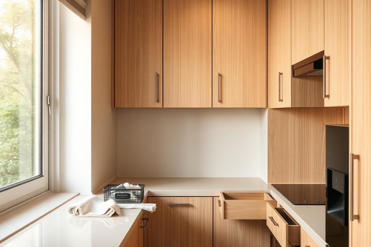 Freshly renovated Singapore kitchen with light timber carpentry and open drawers being cleaned before move-in